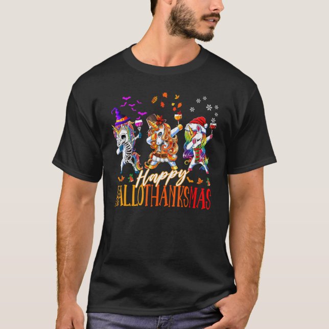 T-shirt Unicorn Dabbing Happy Hallothanksmas Cute family c (Devant)