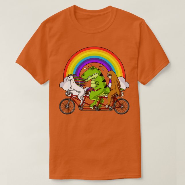T-shirt Unicorn Dinosaur Sloth Riding Bicycle (Design devant)