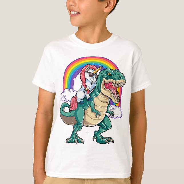 T-shirt Unicorn équitation T rex Dinosaur garçons Filles H (Devant)