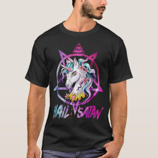 T-shirt Unicorn Hail Satan Death Metal Rainbow Chemise Rav