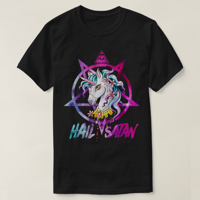 T-shirt Unicorn Hail Satan Death Metal Rainbow Rave Hommes (Design devant)