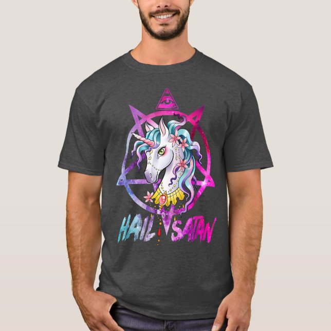 T-shirt Unicorn Hail Satan Death Metal Rainbow Rave Men (Devant)