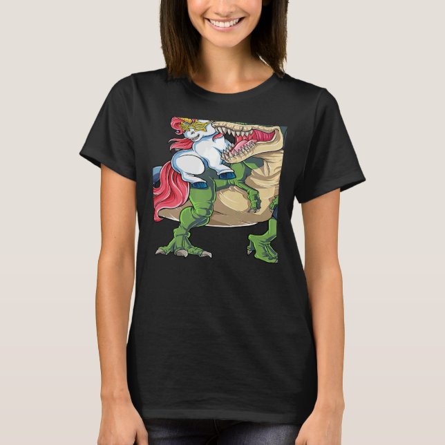T-shirt Unicorn Riding rex Dinosaur Rainbow Boys Girls Tee (Devant)