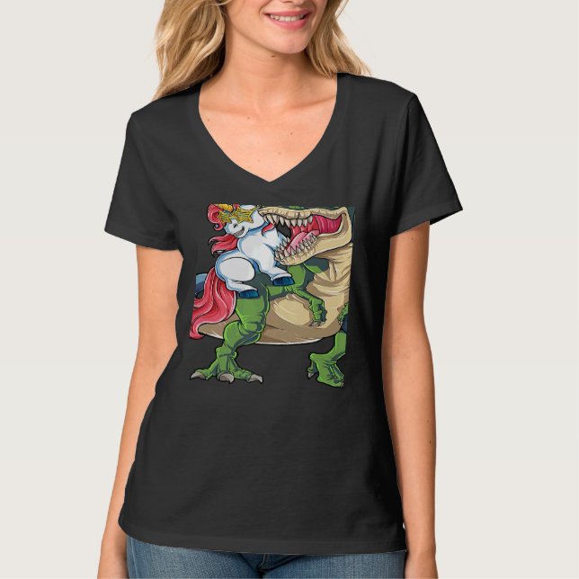 T-shirt Unicorn Riding rex Dinosaur Rainbow Boys Girls Tee (Devant)