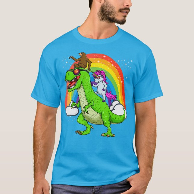 T-shirt Unicorn Sloth Riding Dinosaur T Rex Rainbow Cute (Devant)