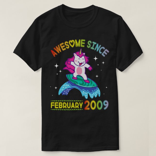 T-shirt Unicorn Surfing Awesome Depuis Février 2009 Happy (Design devant)