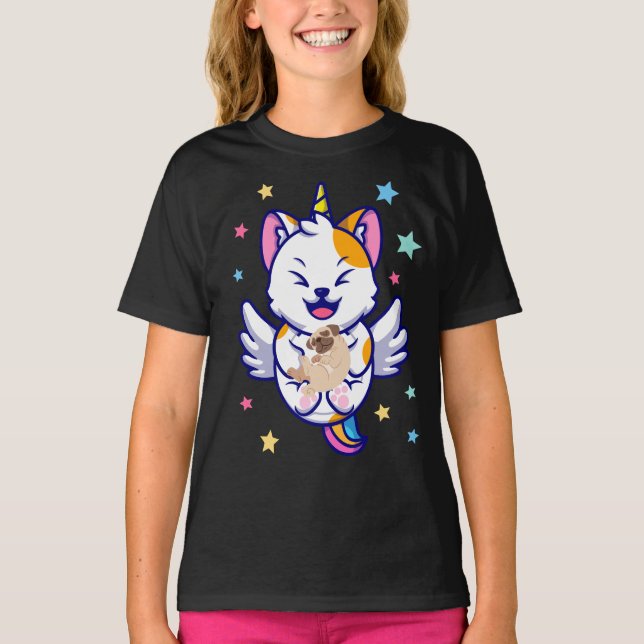 T-shirt Unicorn tenant Carlin de chien Kawaii Anime Girl (Devant)