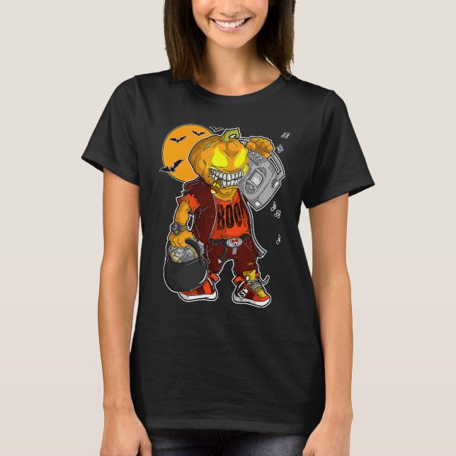 T-shirt Unicorn Witch Halloween Black Cat Orange Moon Grap (Devant)