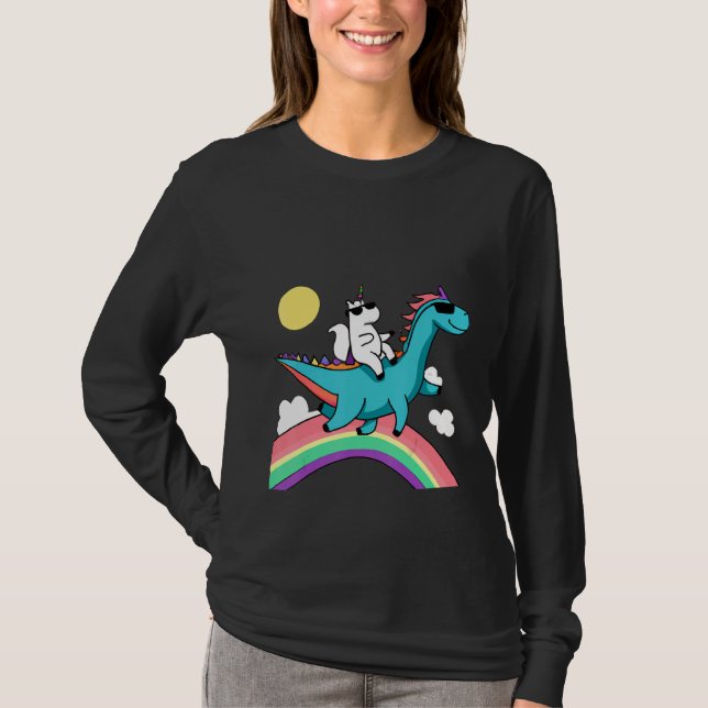 T-shirt unicorn with sunglasses riding a dinosaur and rain (Devant)