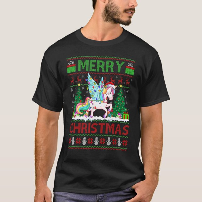 T-shirt Unicorn   Xmas Tree Lights Ugly Santa Unicorn Chri (Devant)