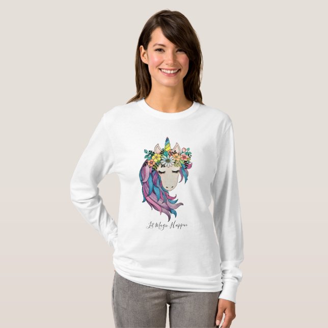 T-shirt Unicorne Avec Fleurs Sauvages En Aquarelle (Devant entier)