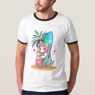 T-shirt Unicorne avec planche de surf sur la plage