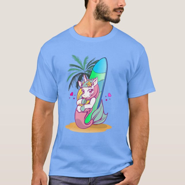 T-shirt Unicorne avec planche de surf sur la plage (Devant)
