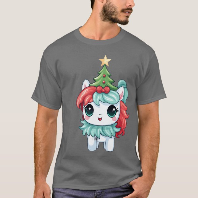 T-shirt Unicorne de Noël avec Christmasree et Star vinta (Devant)