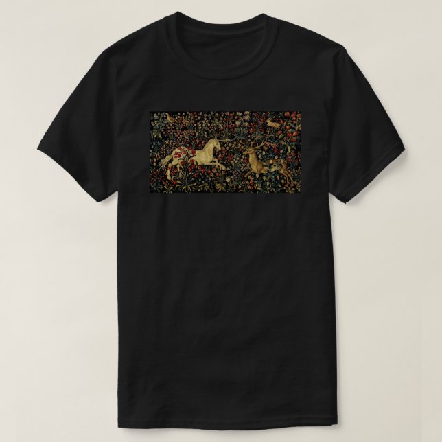T-shirt Unicorne médiévale Midnight Floral Tapestry Classi (Design devant)