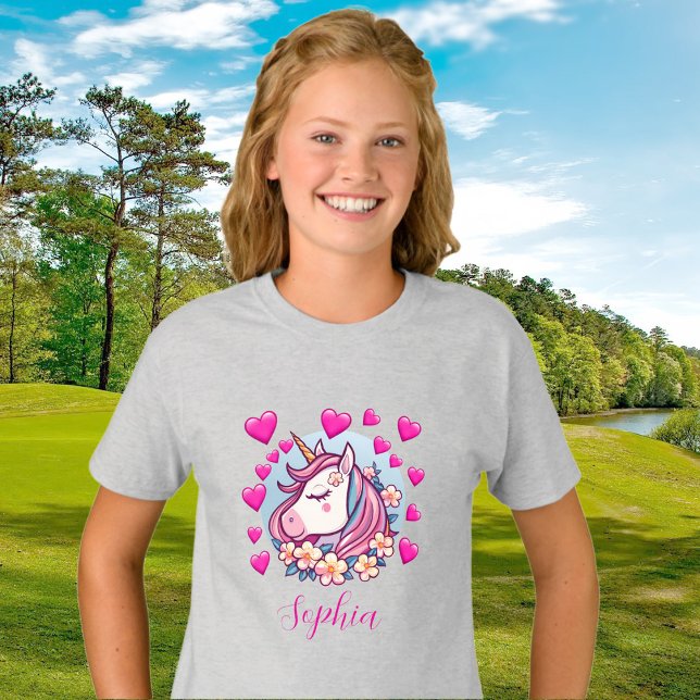 T-shirt Unicorne mignonne, Coeurs et Fleurs roses, Nom per (Créateur téléchargé)
