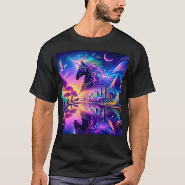 T-shirt Unicorne noire dans un monde d'Imaginaire avec pyr (Devant)
