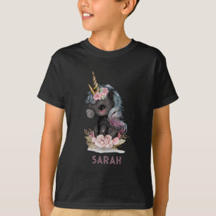 T-shirt Unicorne noire mignonne avec Fleurs Aquarelle Unic