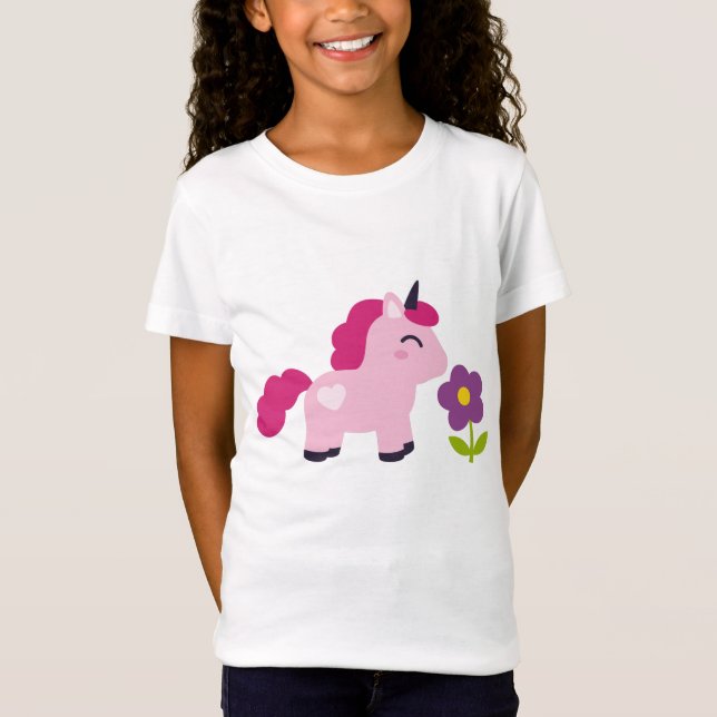 T-Shirt Unicorne rose mignonne avec une fleur (Devant)