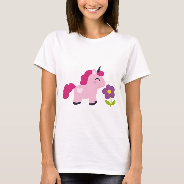 T-shirt Unicorne rose mignonne avec une fleur (Devant)