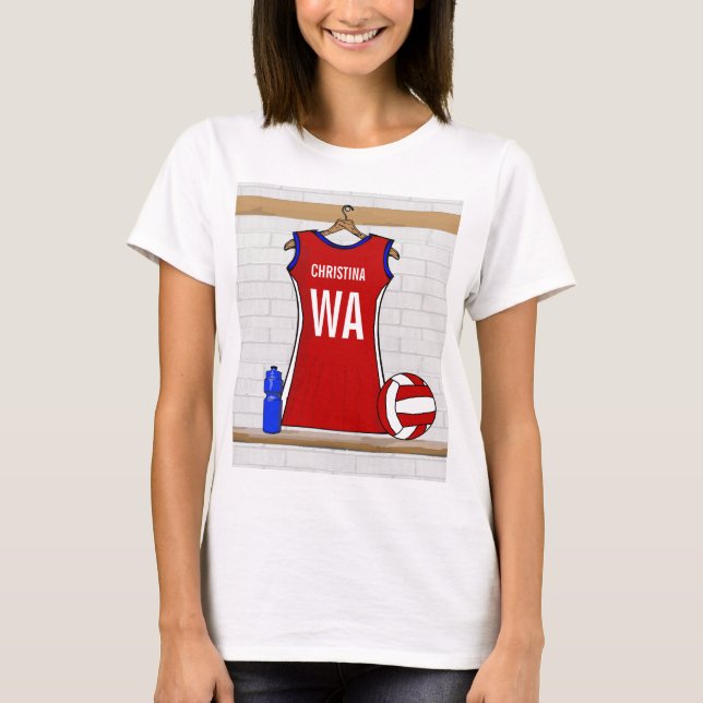 T-shirt Uniforme de Custom Netball Red with Blue and White (Devant)