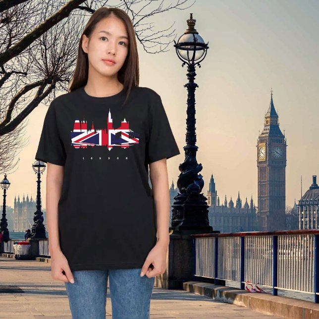 T-shirt Union Jack Tourisme Tour Londres (London, United Kingdom. Black t-shirt for women)