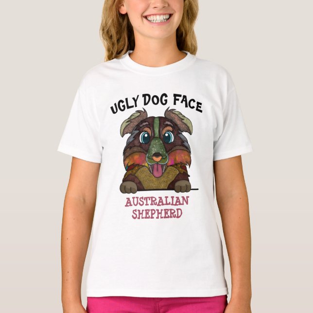 T-shirt Unique Australian Shepherd visage de chien moche (Devant)