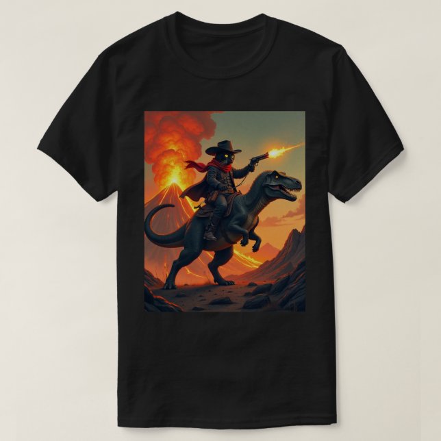 T-shirt Unique Cat Cowboy équitation Dinosaur | Cat Cowboy (Design devant)