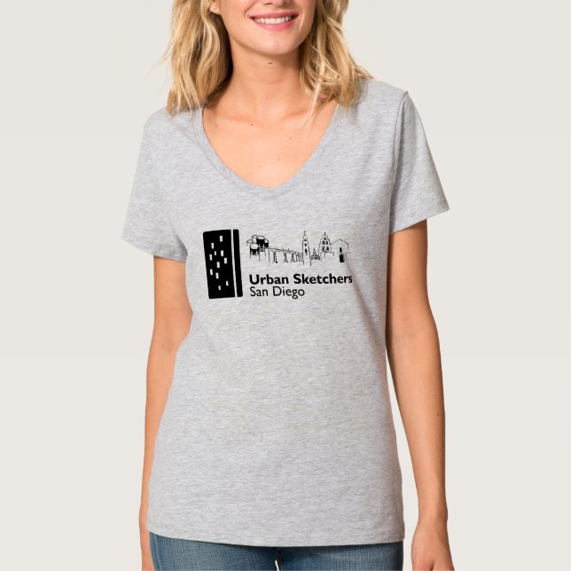 T-shirt Urban Sketchers San Diego Gray V-neck femmes (Devant)