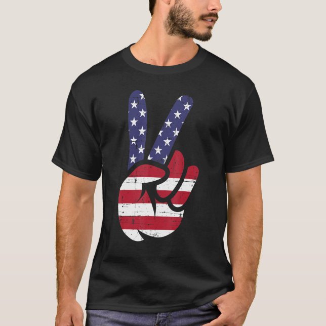 T-shirt US American Flag and Patriotic Peace Sign of Hand (Devant)