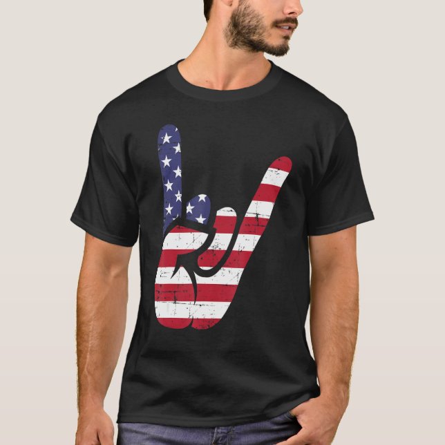 T-shirt US American Flag and Patriotic Rock Sign of Hand (Devant)