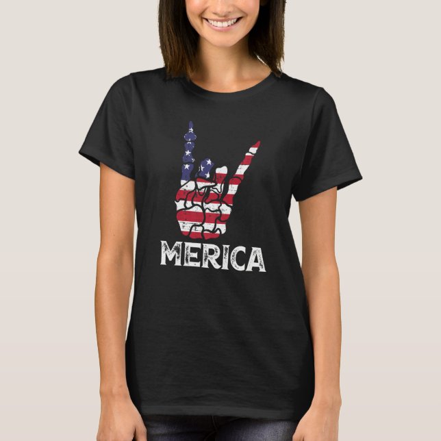 T-shirt US American Flag and Patriotic Skeleton Rock Sign  (Devant)