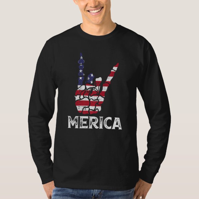 T-shirt US American Flag and Patriotic Skeleton Rock Sign  (Devant)