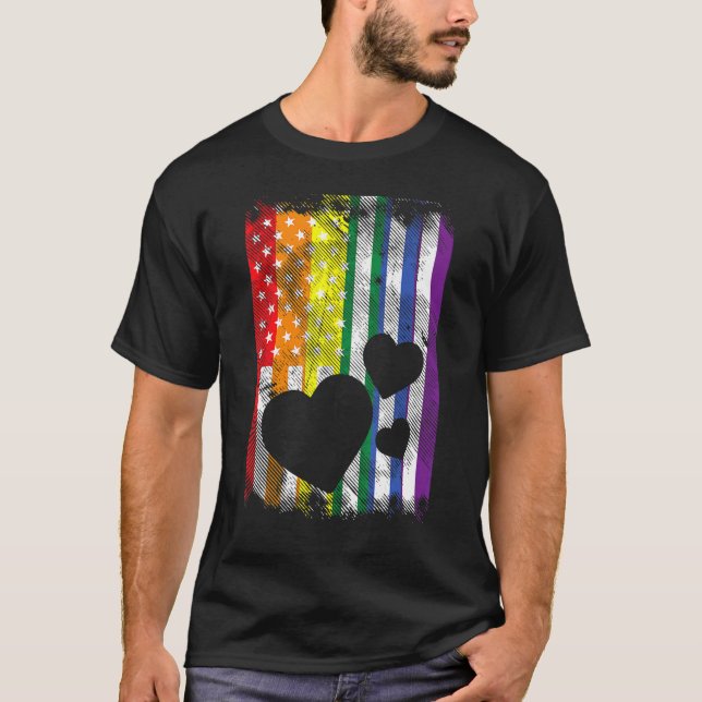 T-shirt Us American Flag Hearts Lgbtq Rainbow Flag Gay Pri (Devant)