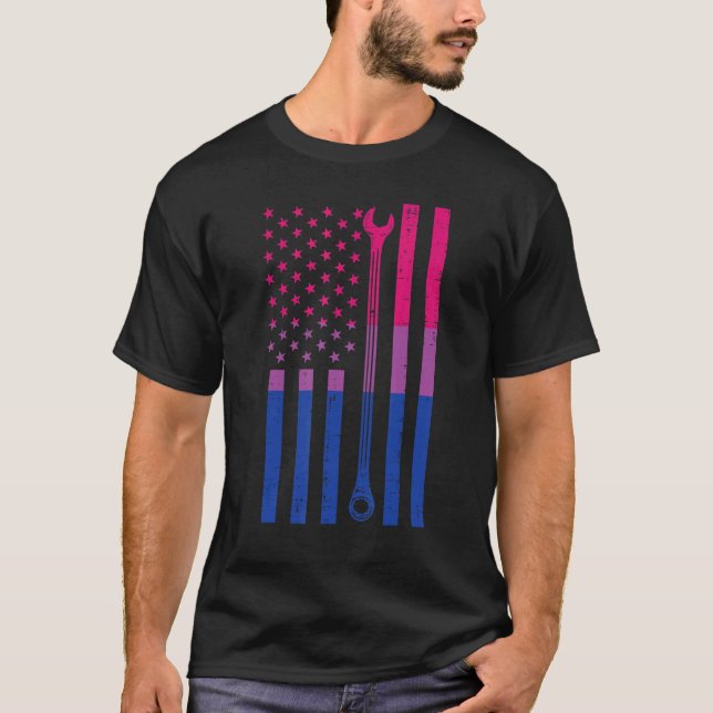 T-shirt Us American Flag Wrench Bisexual Bi Pride Lgbtq Me (Devant)