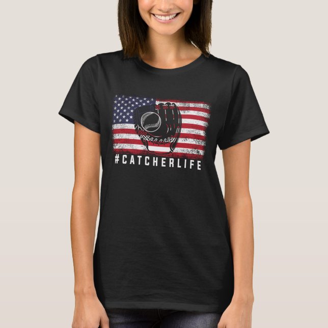 T-shirt US Softball Player American Flag Softball Catcher (Devant)