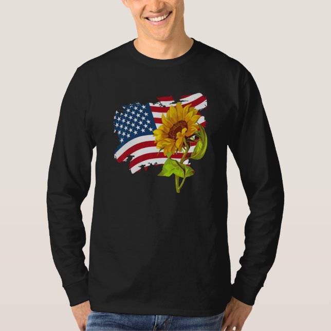 T-shirt USA American Flag And Sunflower casual Graphic (Devant)