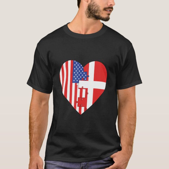T-shirt USA and Denmark Flags Heart (Devant)
