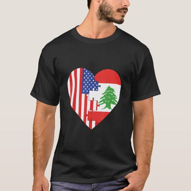 T-shirt USA and Lebanon Flags Heart (Devant)