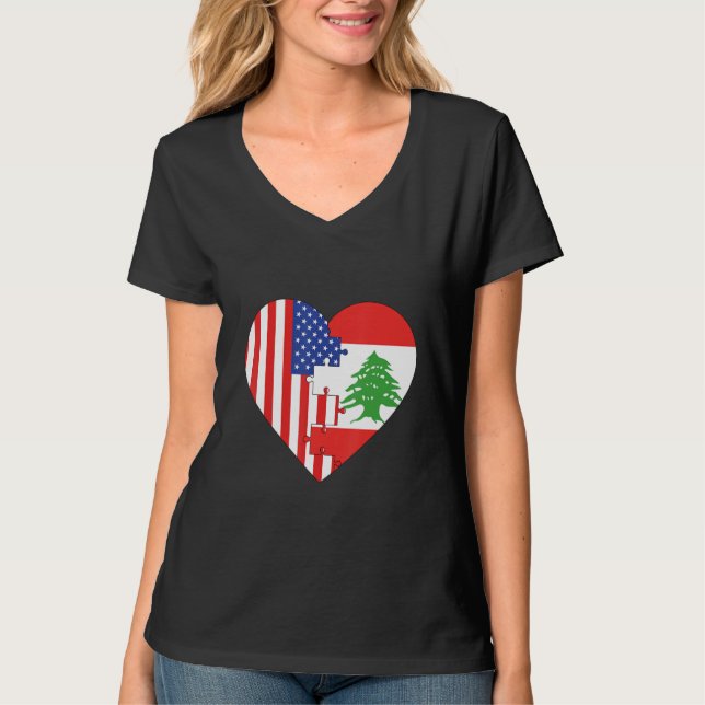 T-shirt USA and Lebanon Flags Heart (Devant)