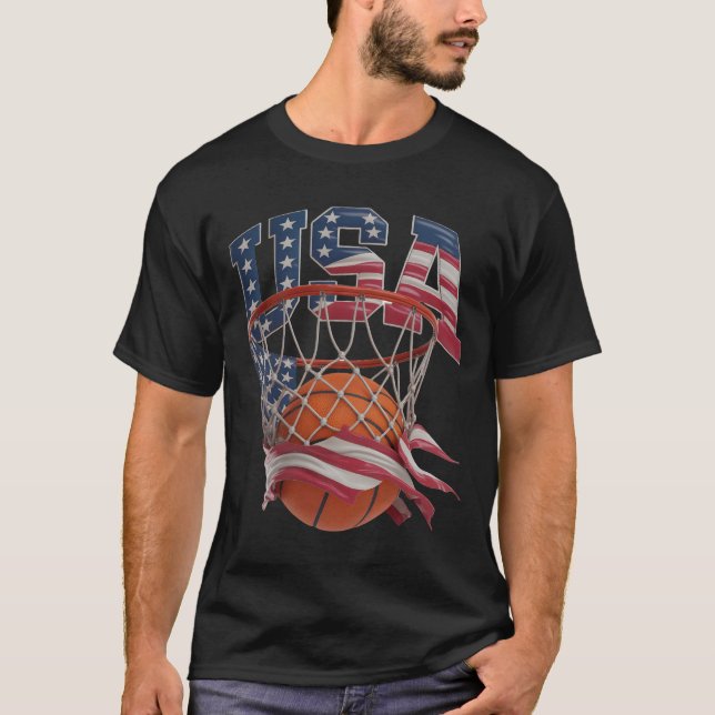 T-shirt USA Basketball Shirt, Patriotic American Flag Hoop (Devant)