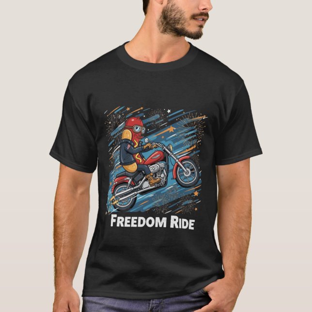 T-shirt USA BBQ Hot Dog sur Harley avec Fireworks (Devant)