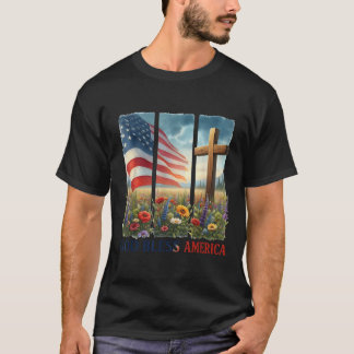 T-shirt Usa Drapeau Croix Florale Chrétienne Femmes Dieu B