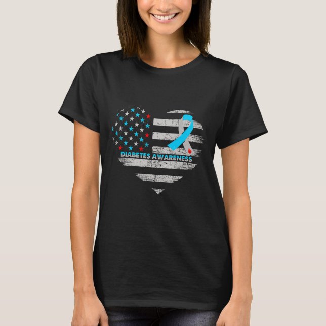 T-shirt Usa Flag Diabetes Awareness Heart Family Support  (Devant)