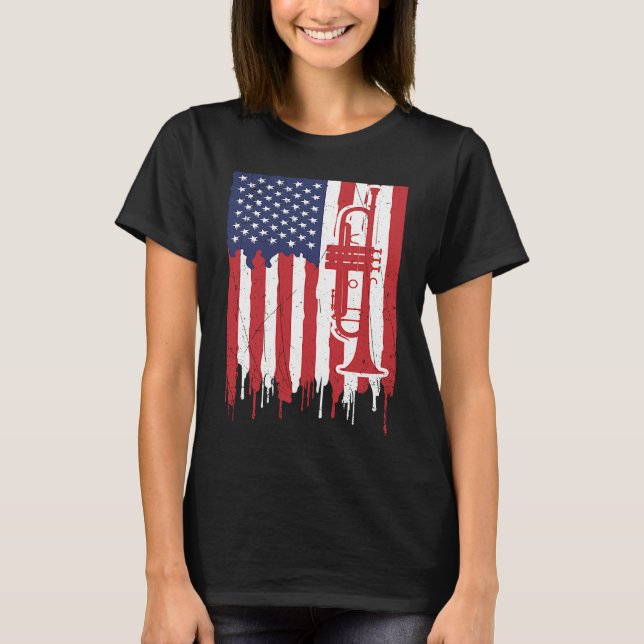 T-shirt USA Flag Thin Red Line Smooth Jazz Music Trumpet (Devant)