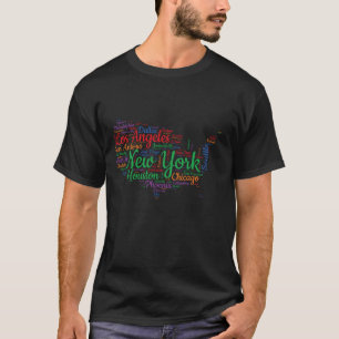 T-shirt USA Map word cloud, grandes villes noms des Etats-
