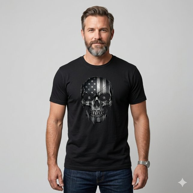T-shirt USA Patriot 1776 Skull American Flag Distressed  (United we stand. Premium back view for a powerful patriotic presence.)