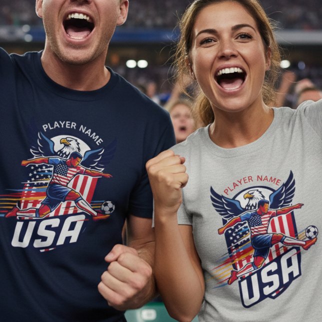 T-shirt USA Soccer Eagle Dynamic Patriotic Sports Graphic  (Use Personalized to change color/font.
Choose a color that matches the background color of shirt)