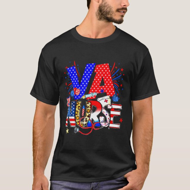 T-shirt Va Nurse 4th Of July American Flag Stethoscope  (Devant)