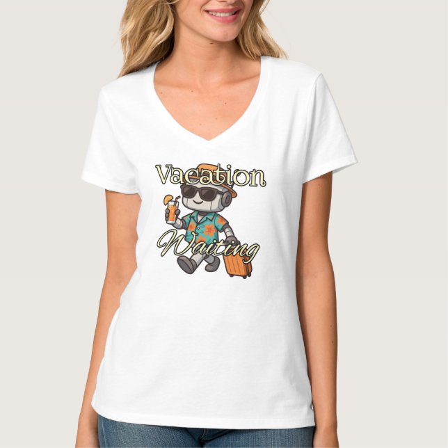 T-shirt Vacation Waiting | Cute Robot Summer Women's V-Nec (Devant)